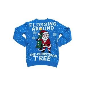 Merry Christmas Ugly Sweater Size M Flossing Santa Blue Holiday
